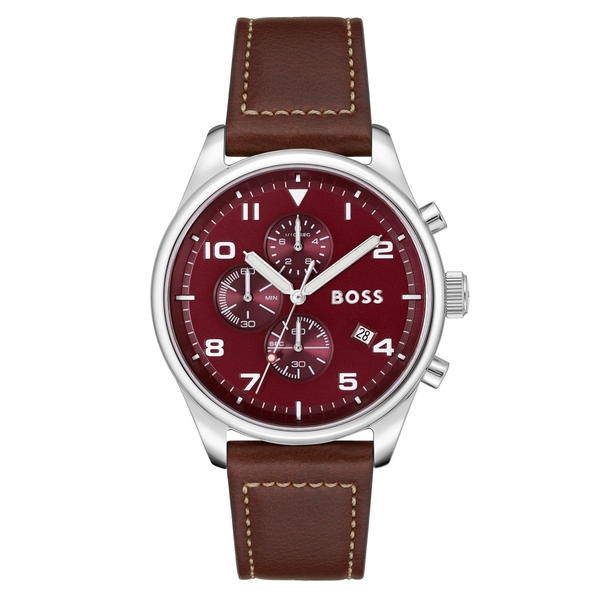 Hugo Boss Brown Leather Red Dial Chronograph Men's Watch 1513988
