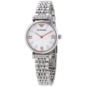 Emporio Armani Gianni T-Bar Quartz Crystal White Mother of Pearl Dial Ladies Watch AR11204