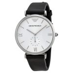 Emporio Armani Retro Silver Dial Black Leather Strap Men's Watch AR1674