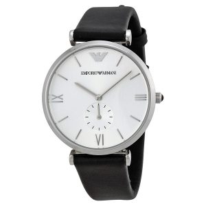 Emporio Armani Retro Silver Dial Black Leather Strap Men's Watch AR1674