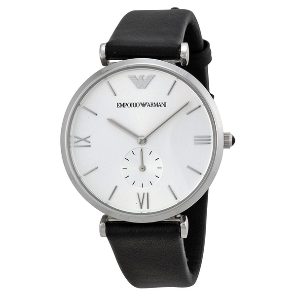 Emporio Armani Retro Silver Dial Black Leather Strap Men's Watch AR1674