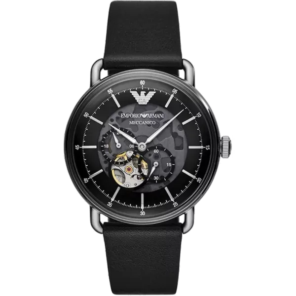 Emporio Armani Meccanico AR60026 Skeleton Dial Black Leather Strap Watch
