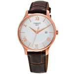 Tissot T-Classic Tradition Men's Watch - 42mm Silver Dial, Rose Gold & Brown Leather