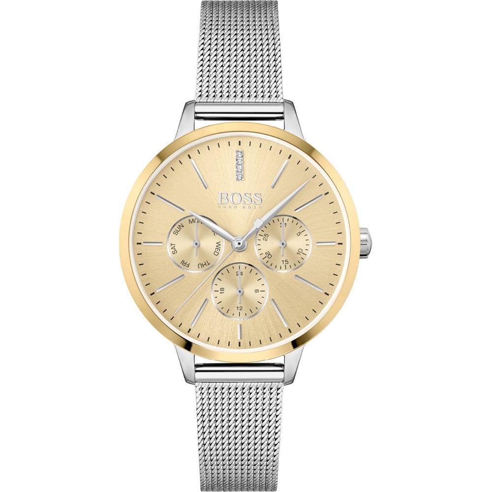 Hugo Boss Symphony Gold Dial Silver Mesh Bracelet Watch 1502600