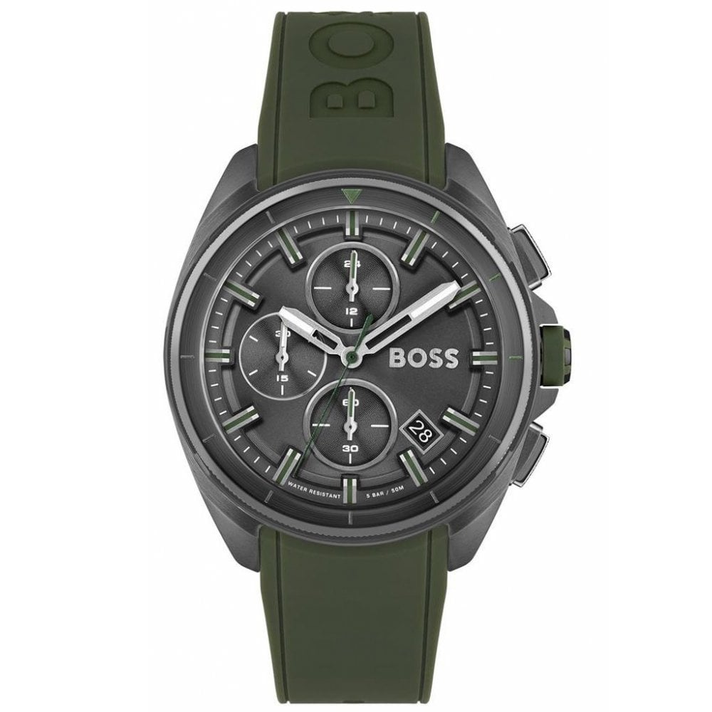 Hugo Boss Volane Chronograph Grey Dial Green Rubber Strap Watch For Men 1513952