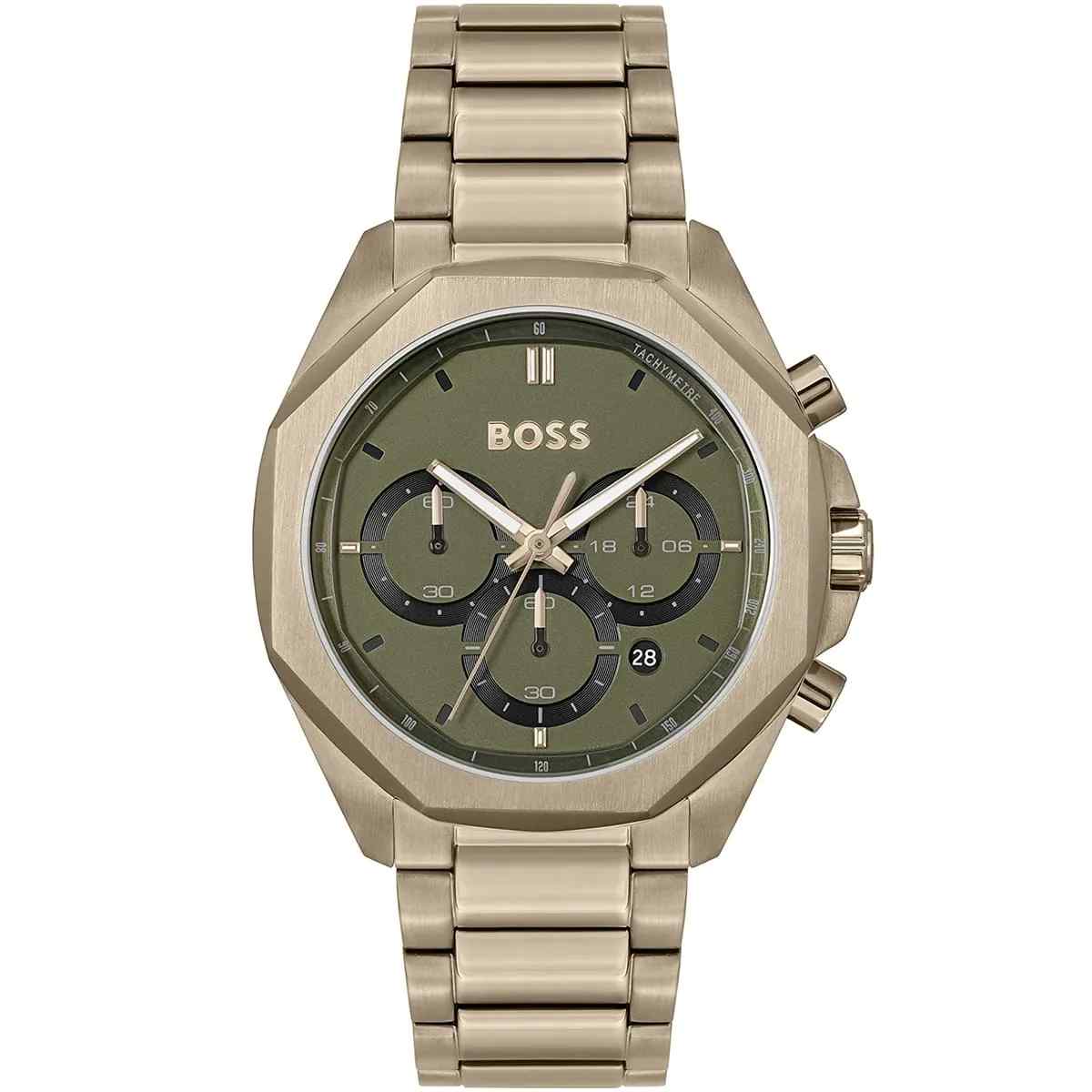 Hugo Boss Beige Gold Steel Olive Green Dial Chronograph Men's Watch 1514019