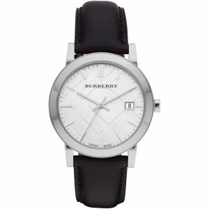Burberry The City BU9008 Swiss-Made Unisex Watch - Black Leather Strap/White Dial