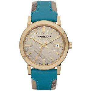 Burberry Nova Check Ladies' Watch - Turquoise Leather Strap, Gold-Tone 38mm - BU9018