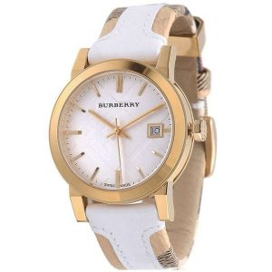 Burberry The City BU9110 Women's Gold-Tone Watch with White Check Leather Strap