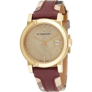 Burberry BU9111 Women's Gold-Tone Watch with Maroon Check Leather Strap