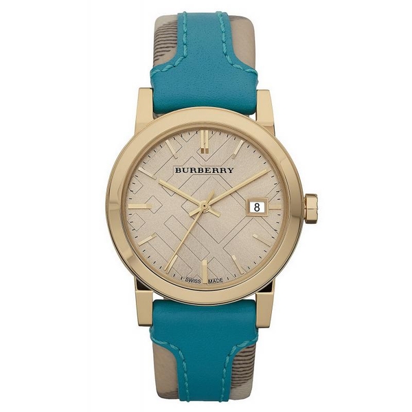 Burberry BU9112 Women's Gold-Tone Quartz Watch with Turquoise Leather Strap
