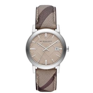 Burberry The City BU9118 34mm Swiss-Made Quartz Watch with Beige Check Leather Strap