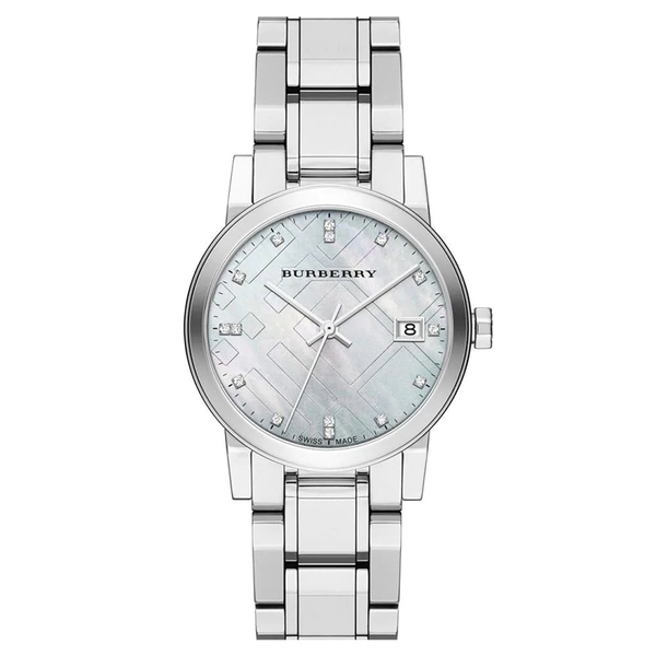 Burberry BU9125 Women's 34mm Check Stamped Silver Watch with Diamond Indexes