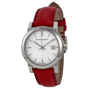 Burberry BU9129 Women's Swiss-Made Watch with Silver White Check Dial and Red Leather Strap