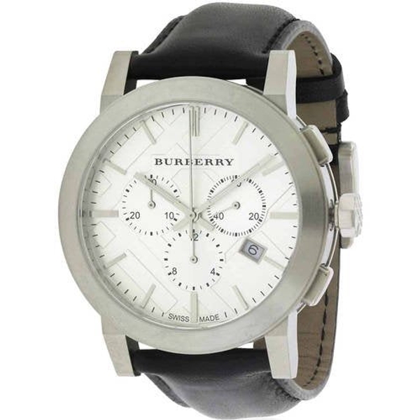 Burberry BU9355 Men's Chronograph Silver Check Stamped Dial Black Leather Watch