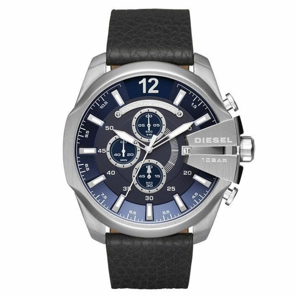 Diesel Mega Chief Chronograph Men's Watch (DZ4423) - Navy Blue Dial, Gray Case, Black Leather Strap