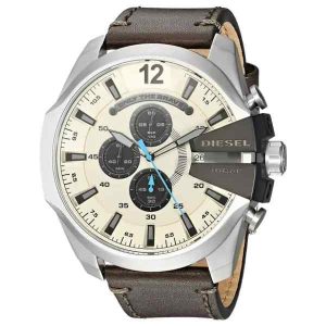 Diesel DZ4464 Men's Mega Chief Chronograph White & Brown Leather Watch