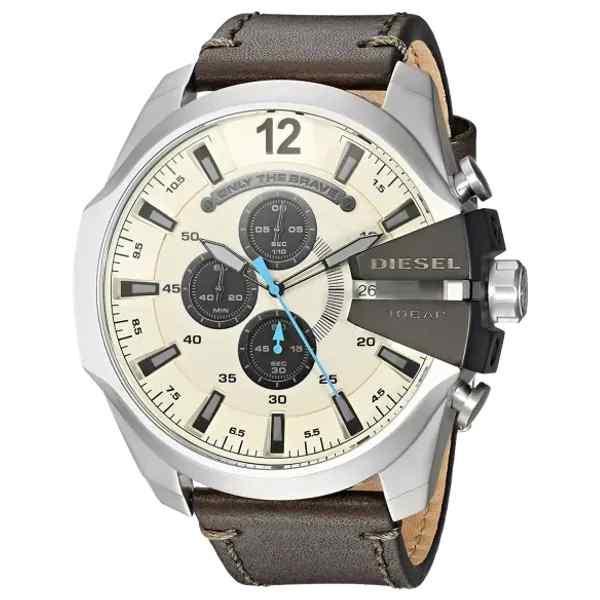 Diesel DZ4464 Men's Mega Chief Chronograph White & Brown Leather Watch