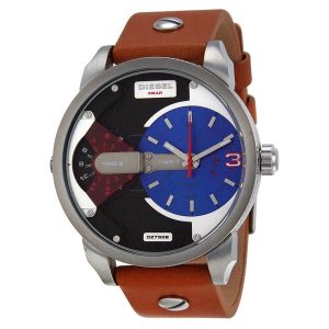 Diesel Mini Daddy DZ7308 Men's Dual Time Zone Watch - Tan Leather Strap & Blue/Black Dial