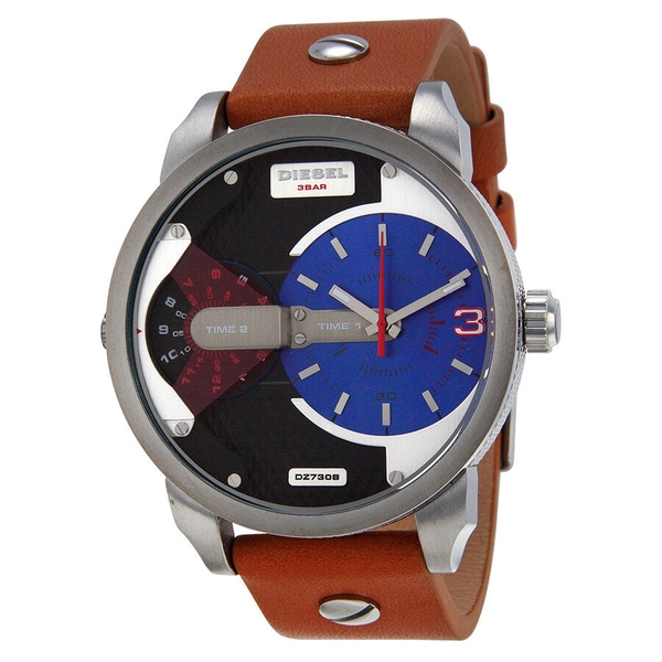 Diesel Mini Daddy DZ7308 Men's Dual Time Zone Watch - Tan Leather Strap & Blue/Black Dial