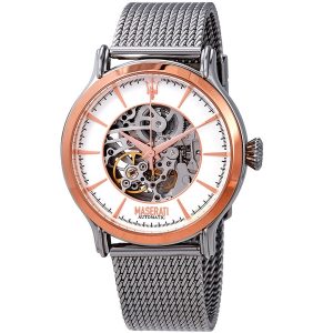 Maserati Epoca Automatic White Open Heart Dial Men's Watch - Silver Tone Stainless Steel Mesh Bracelet