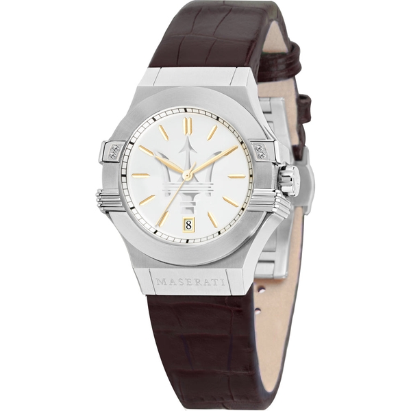 Maserati Potenza Women's Silver-Tone Diamond Accent Watch with Brown Leather Strap (R8851108506)