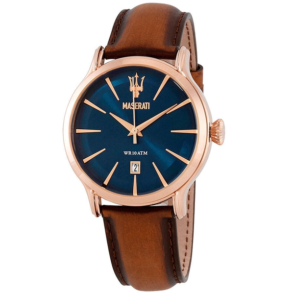 Maserati Epoca Men's Watch - Blue Dial, Rose Gold Case, Brown Leather Strap (R8851118001)