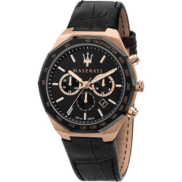 Maserati Men's R8871642001 Black Leather Quartz Watch - Rose Gold & Black